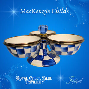 MacKenzie-Childs Blue Royal Check Enamel Triplicity - 3 Pinch Bowls, Stand